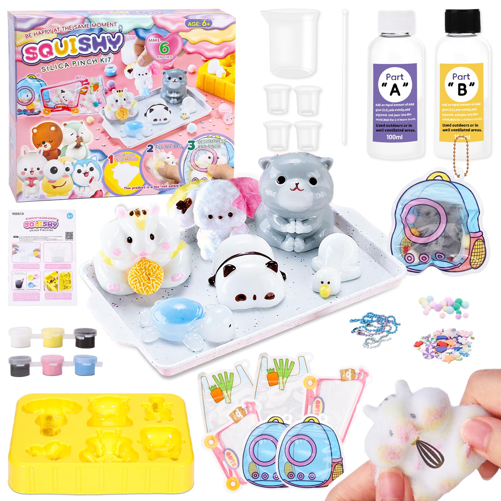 VBACALA 24 piezas Taba Squishy Kit DIY con 6 Taba Squishy Animales,100g de Silicona AB Mezcla 1:1 Crea Gatitos,Hámsters,Perros,Tortugas,Patos,Pandas Squishy,Regalo DIY Antiestrés para Niños y Adultos