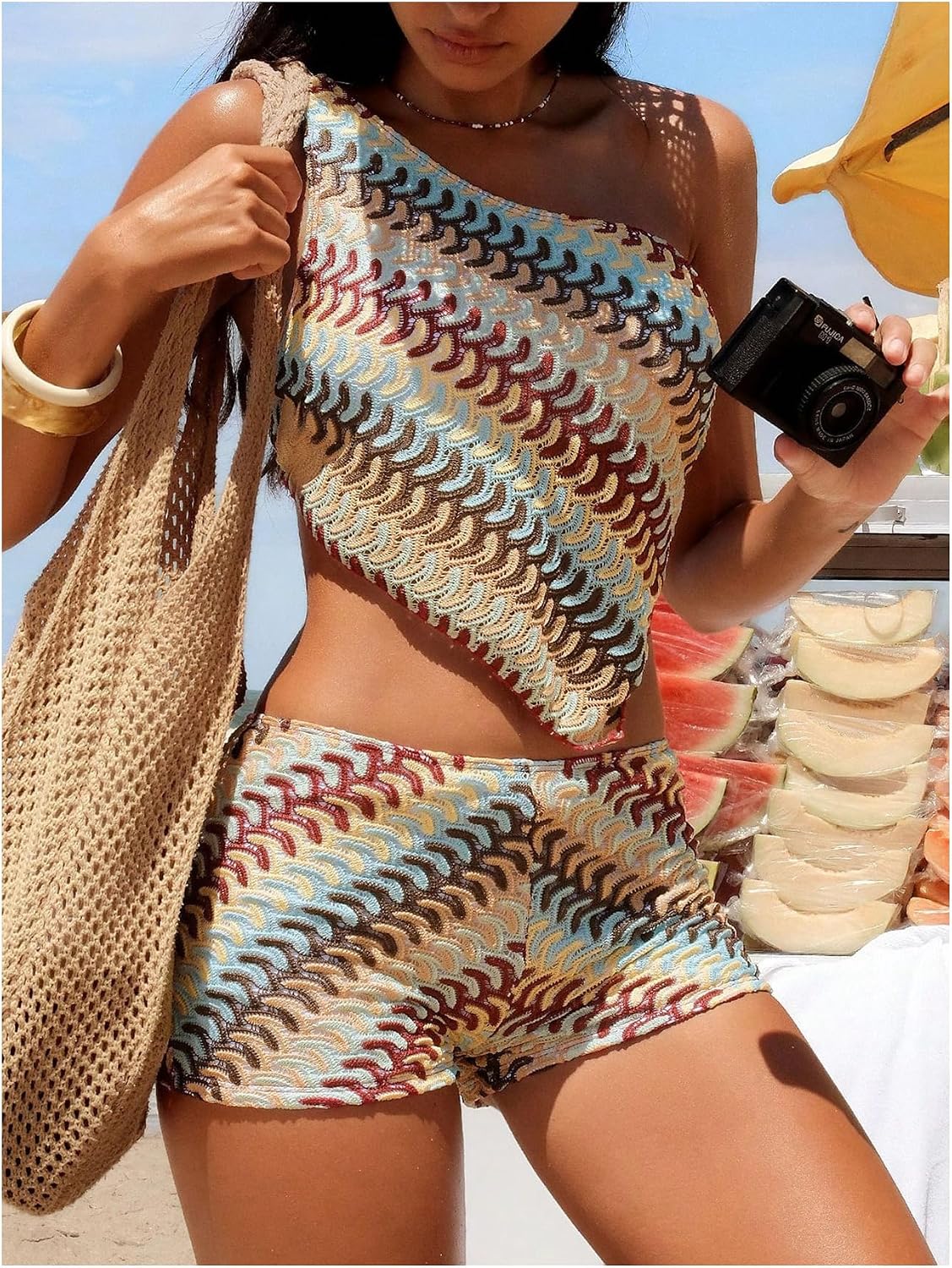 Floerns Women's Graphic Tankini Swimsuits 2 Piece Crochet One Shoulder Top with Boyshorts Bathing Suit