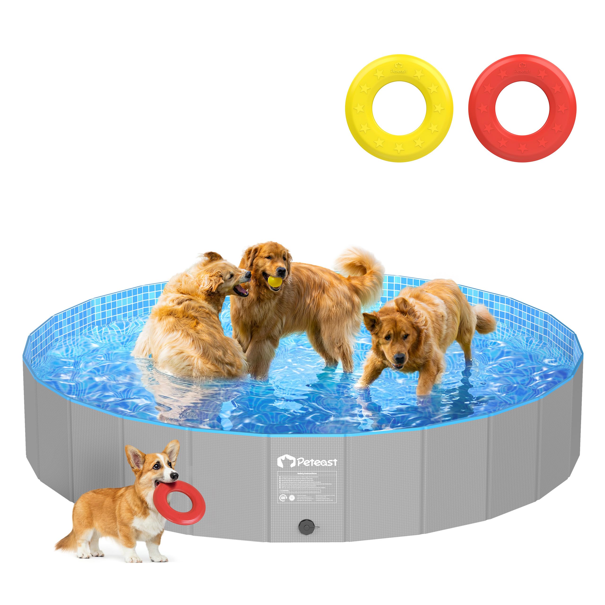 Peteast Foldable Dog Pool with 2 Flying Disks, Durable Hard Plastic Dog Swimming Pools for Large Dogs, Collapsible Pet Poo...