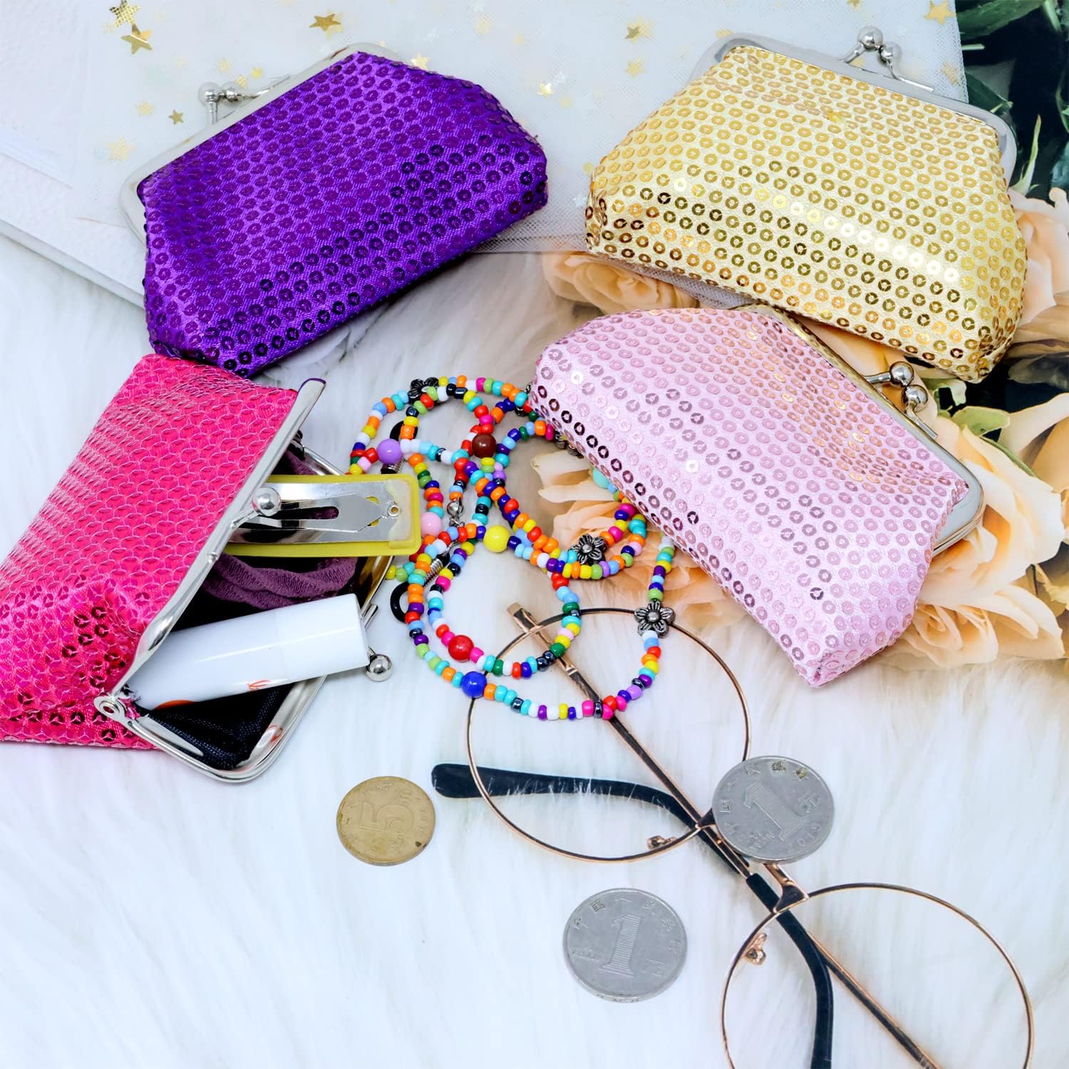 Honbay 4PCS Glitter Sequin Coin Purse Kiss Lock Change Purse Shiny Trinkets Pouch Small Women Wallet Clutch Purse
