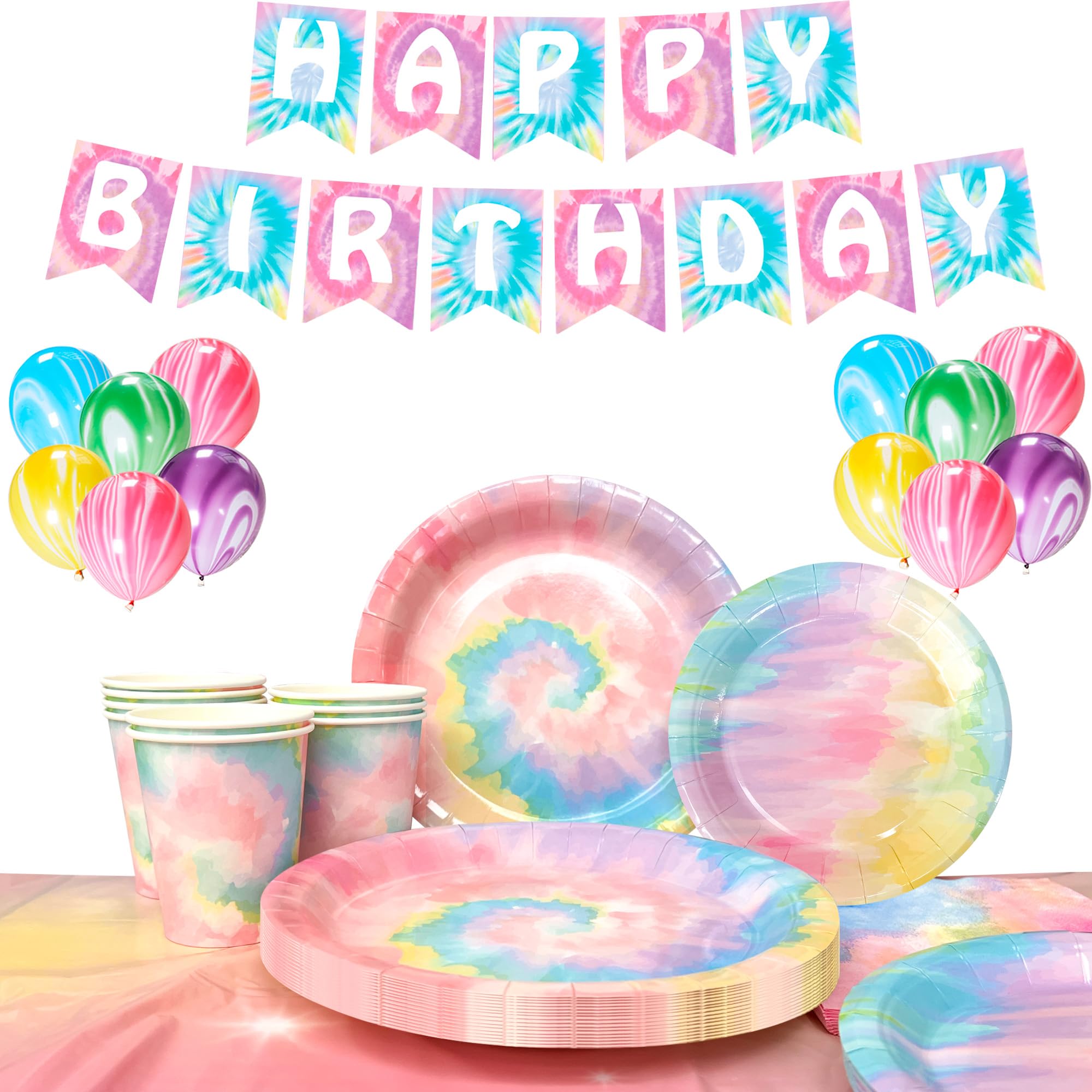 Tie Dye Tableware & Decorations Set - Tie Dye Plates and Napkins Cups Rainbow Table Cloth Banner etc Party Supplies
