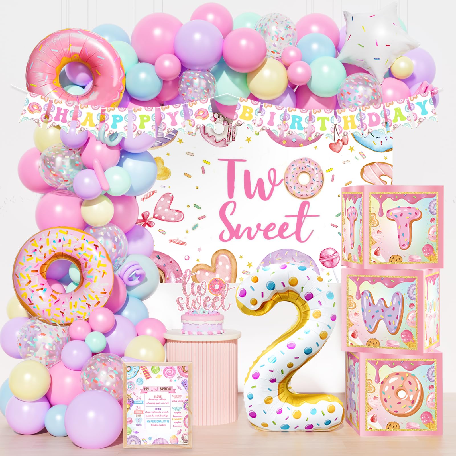 Party Inspo Two Sweet Birthday Decorations – 153 PCs Donut Themed 2nd Birthday Party Supplies with Sweet Backdrop, Number 2 Foil Balloon, Donut