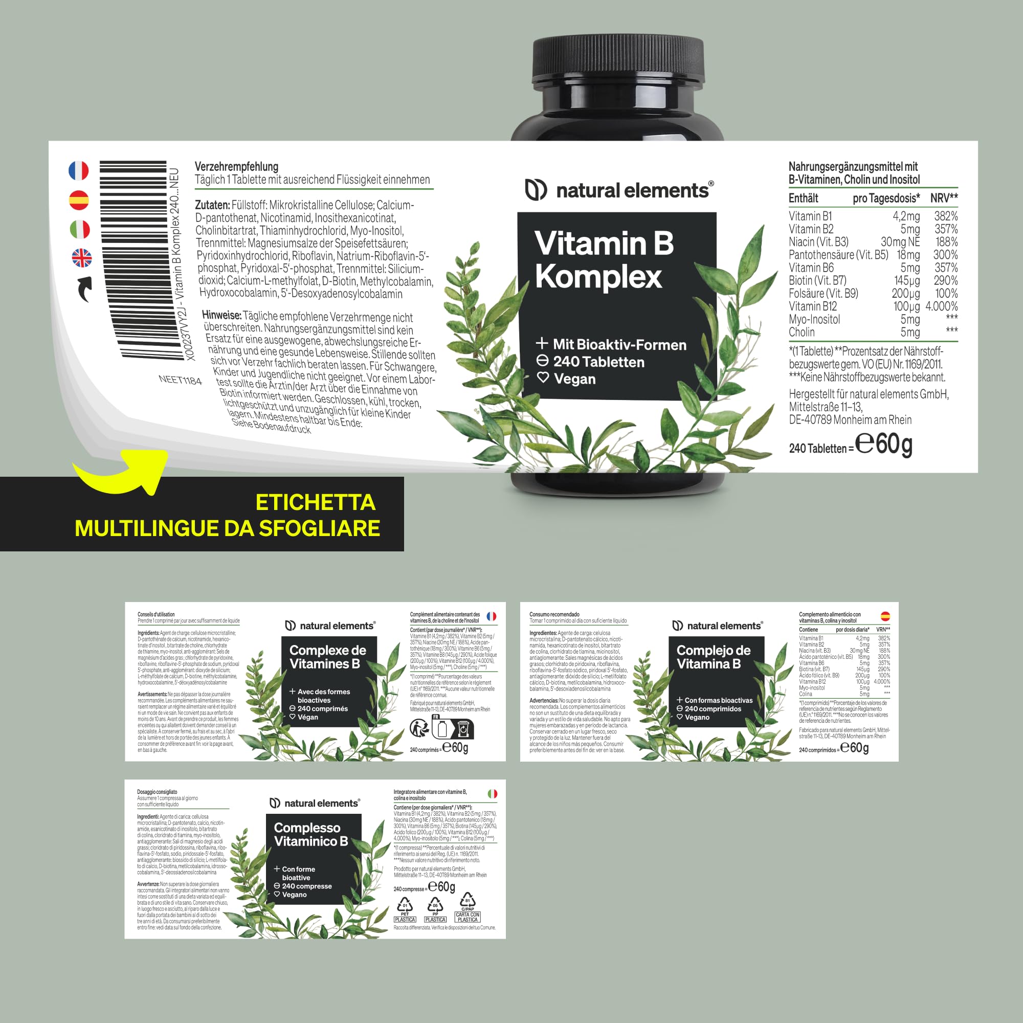 Complesso Vitaminico B – 240 compresse – con 8 vitamine B essenziali e cofattori – con forme bioattive – vegano, ad alto dosaggio – testato in laboratorio