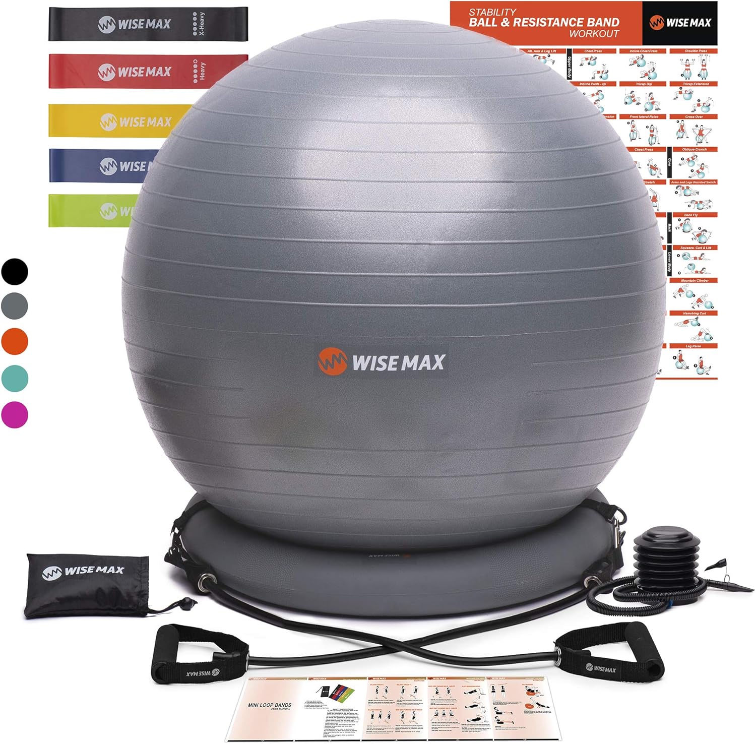 WISEMAX Exercise Ball Chair – Stability Yoga Balance Ball with Ring Base, Resistance Bands & Pump, Loop Bands, Carry Bag, Poster for Home, Office, Posture, Gym Bundle, Home Workout- 65cm: Sports & Outdoors