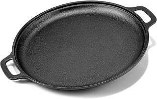13.8 Inch Cast Iron Pizza Pan - Round Comal for Even Heating - Works on Oven, Grill & Campfire, Heavy-Duty Cast Iron Pizza Stone with Dual Handles