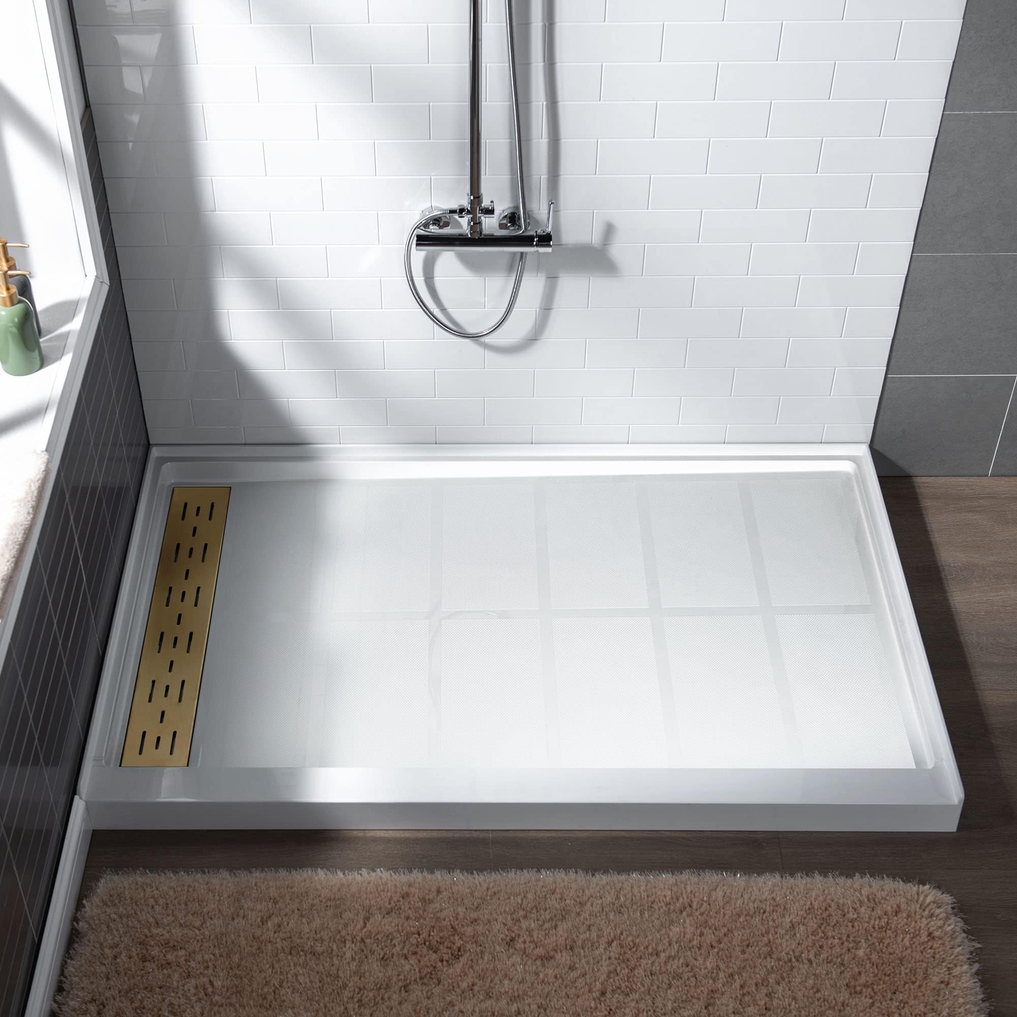 WOODBRIDGE 60"L x 34" W x 4"H Shower Base,Left Drain,Non-Slip Single Threshold Shower Pan, Solid Surface with Brushed Gold Linear Drain Cover