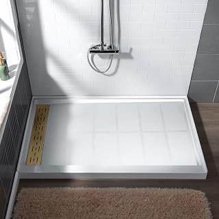 WOODBRIDGE 60"L x 34" W x 4"H Shower Base,Left Drain,Non-Slip Single Threshold Shower Pan, Solid Surface with Brushed Gold Linear Drain Cover