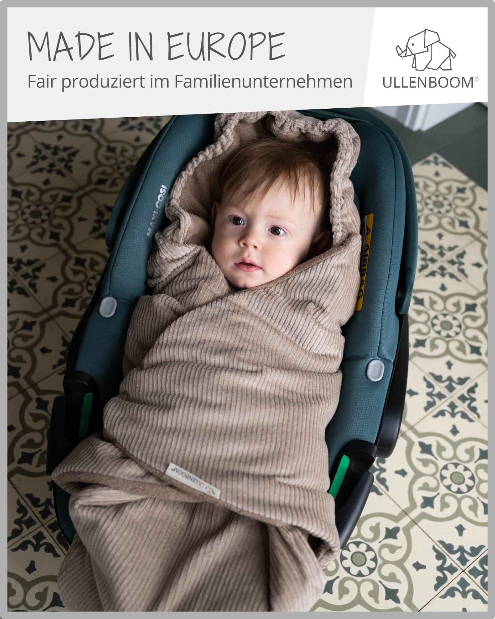 ULLENBOOM Einschlagdecke Babyschale, 100% OEKO-TEX, Cord Sand, Babydecke für Kindersitz oder Kinderwagen, Herbst Winter