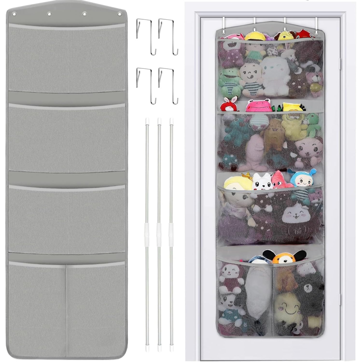 Rzmayis Grey Stuffed Animal Storage, With 3 Large Pockets And 2 Medium Pockets, Over The Door Organizer Storage For Closet, Baby, Plush Toy, Hanging Door Organizer For Nursery, Bedroom, Bathroom, Kids Room （Grey)