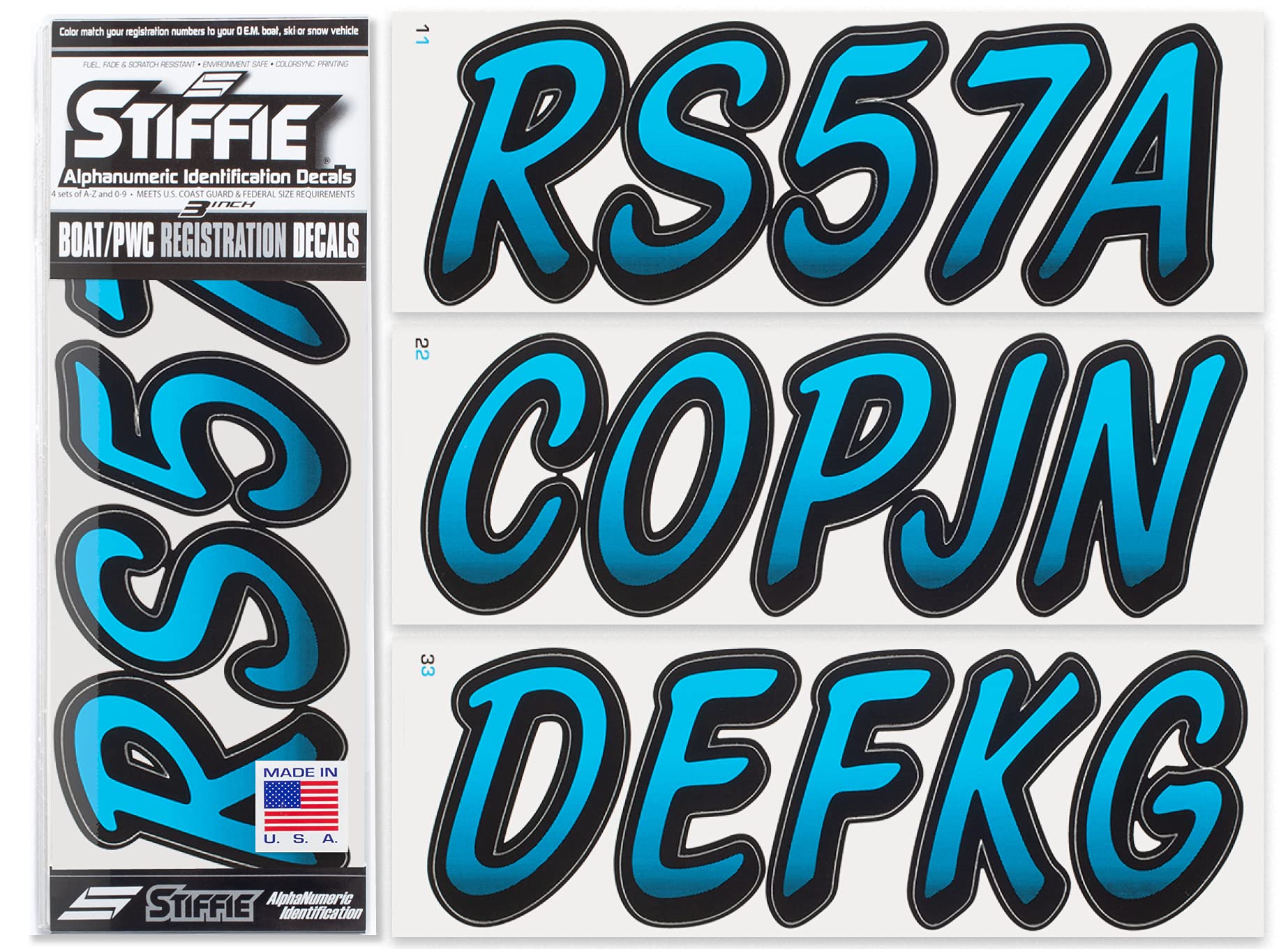 STIFFIE Whipline Sky Blue/Black 3" Boat &amp; PWC Registration Decals • Numbers Letters Stickers
