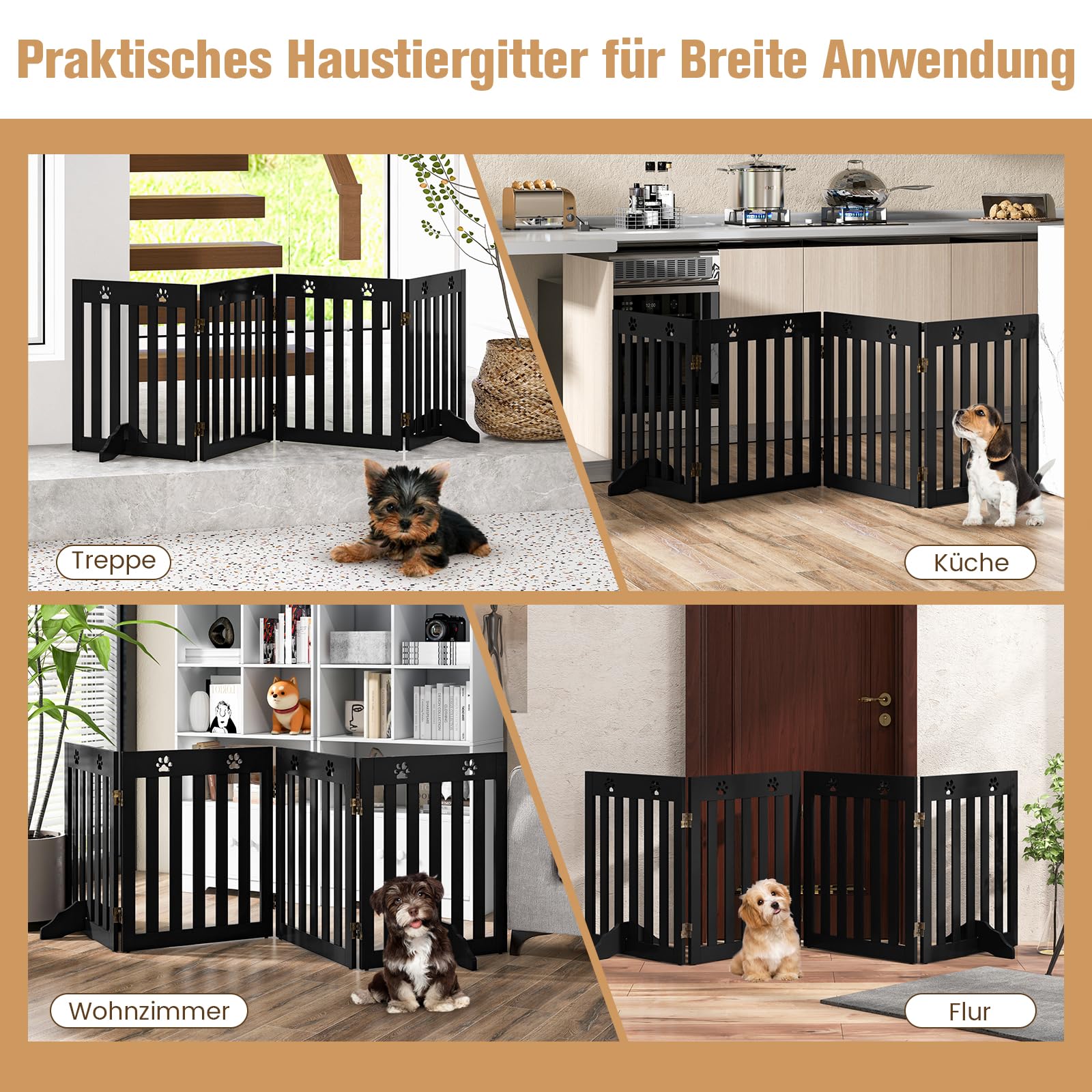 COSTWAY Absperrgitter Hunde, Schutzgitter Holz, Kindergitter klappbar, Treppengitter 60cm Hoch, Hundeabsperrgitter flexibel Türschutzgitter (4 Paneelen, Braun)