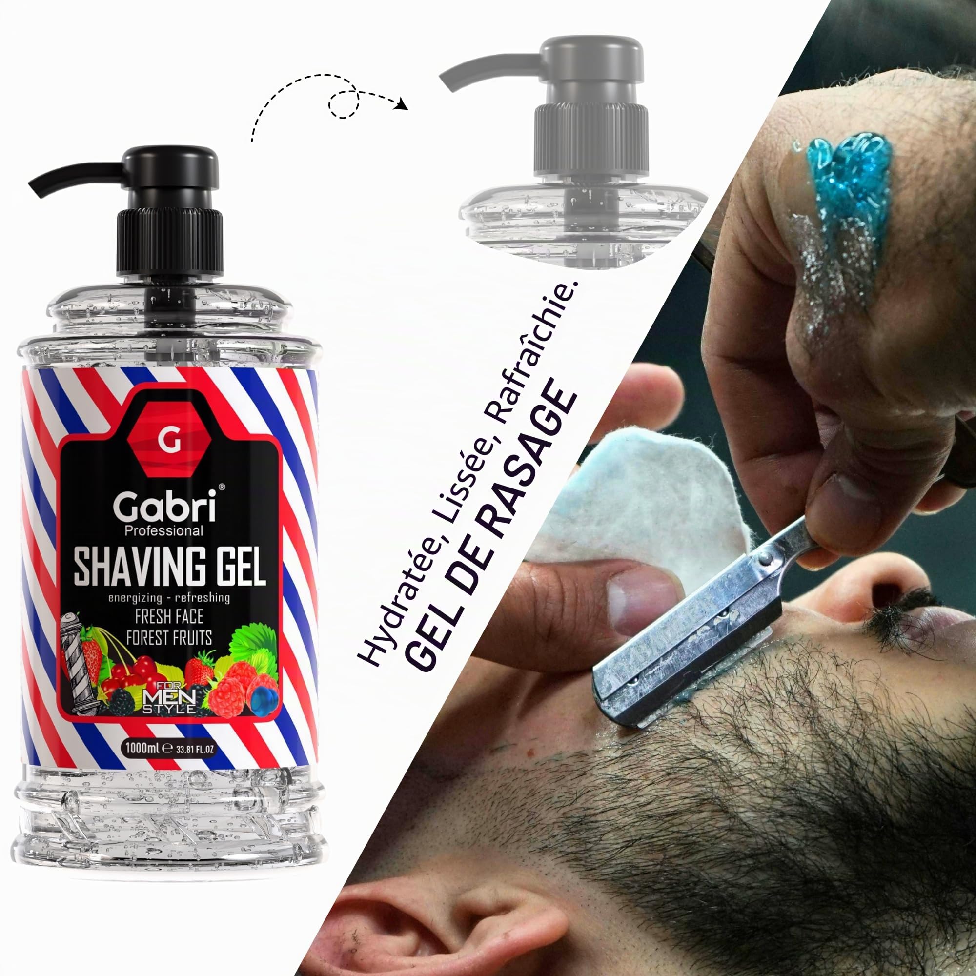 Gabri Gel à raser avec pompe Transparent 1000 ml | Expérience de rasage hydratante et lisse | Fresh Active Facile, Rafraîchissant, Smooth Shave (fruits de la forêt)