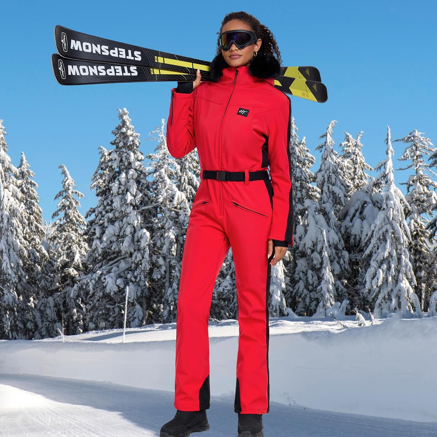 GS SNOWING Women's Ski Suit One Piece Snowsuits Snowboard Ski Outfit Faux Fur Collar Slim Jumpsuit Jacket Insulated Windproof
