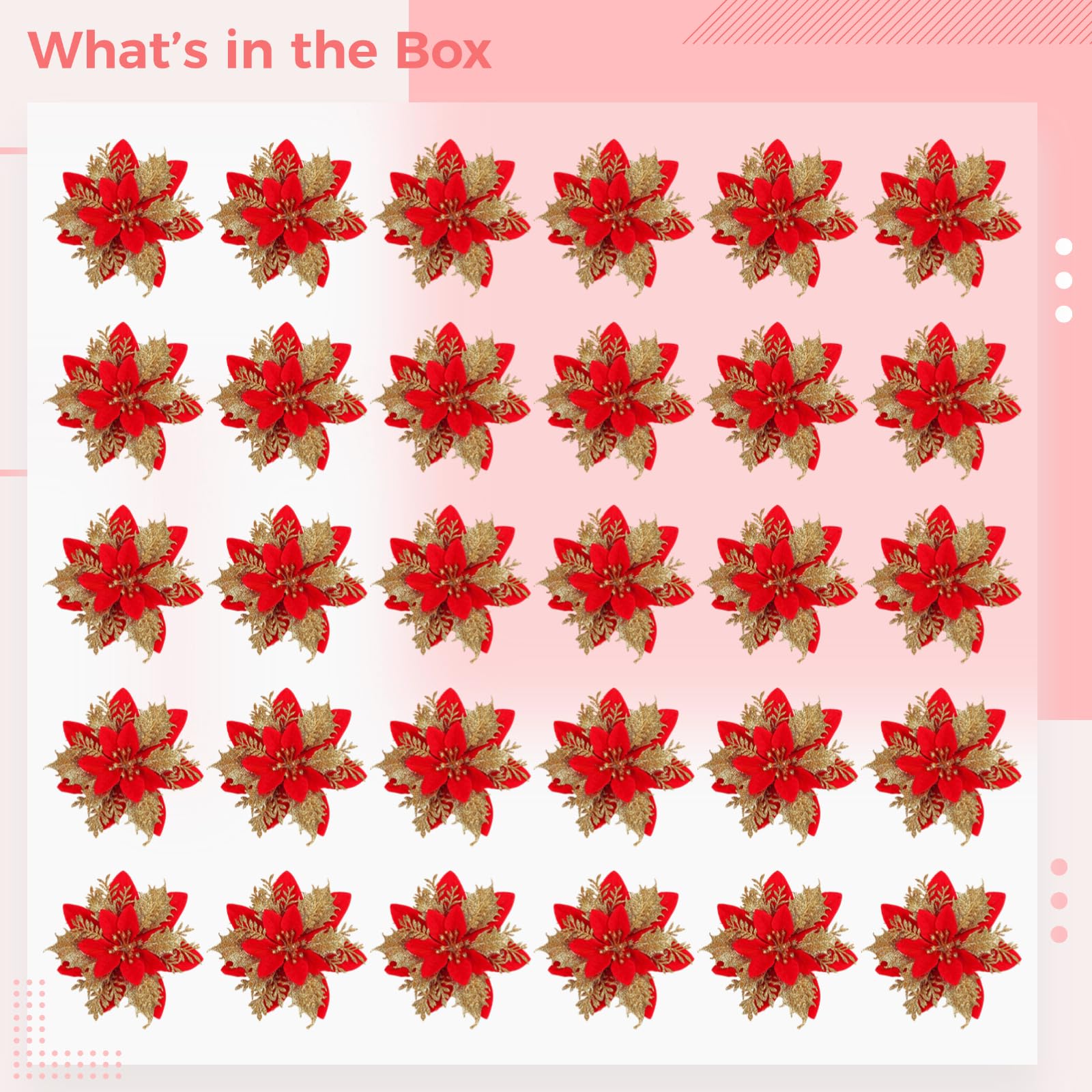 30 adornos de flor de Pascua roja con purpurina, flores artificiales de 5.5 pulgadas con hojas doradas, clips para árboles de Navidad, coronas, decoración navideña