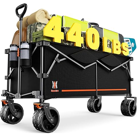 Navatiee 300L Extra Large Collapsible Wagon Cart Foldable, 48''L Extended Heavy Duty Folding Beach Wagon with 440LBS Weight Capacity and Big Wheels, Utility Garden Cart for Sports Camping
