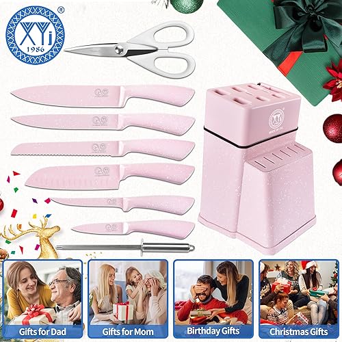 Miniatura 6 de XYJ Juego de bloques de cuchillos, color rosa, cuchillos de cocina de acero inoxidable con soporte para bloque de cuchillos, cuchillo de carne, kit