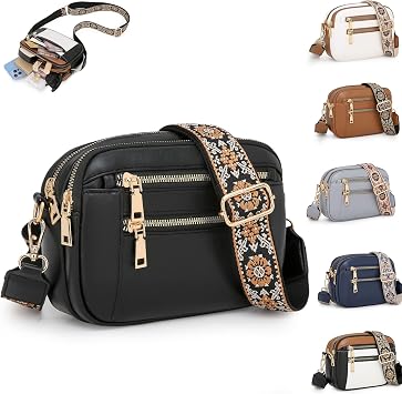 Handmade Colorful Straps Crossbody Leather Bags & Purse, Womens Crossbody Purse, Bags for Women Shoulder Handbags Black