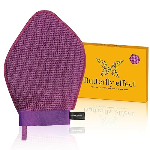 Butterfly Effect Manopla de ducha coreana, 1 guante de baño para ducha, suave para piel sensible, hecho de péptido de colágeno y mezcla de viscosa