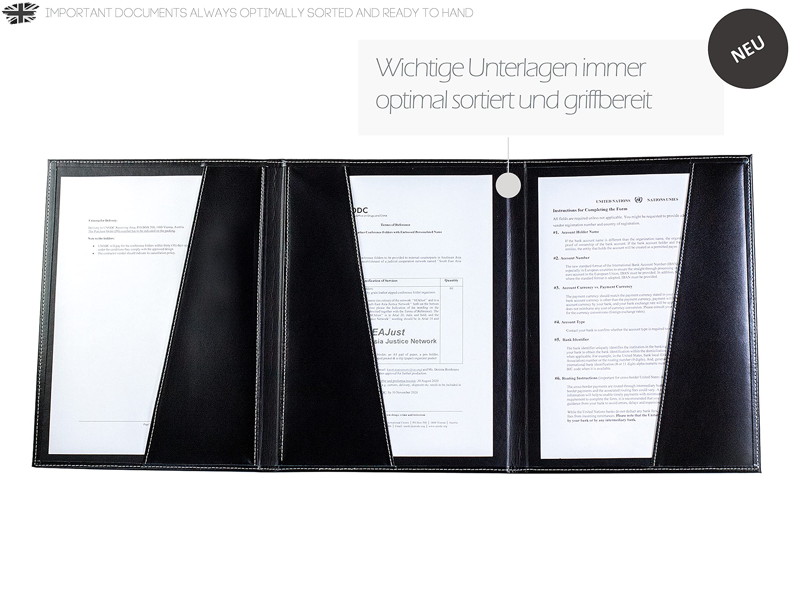 DELMON VARONE - Kanzlei- & Vertragsmappe mit 3 Fächer DIN A4 Cambridge Top Grain Leder Schwarz - Echtleder Zeugnis-Mappe personalisiert - Dokumenten-Mappe zum Abheften von Verträgen, Urkunden & Akten