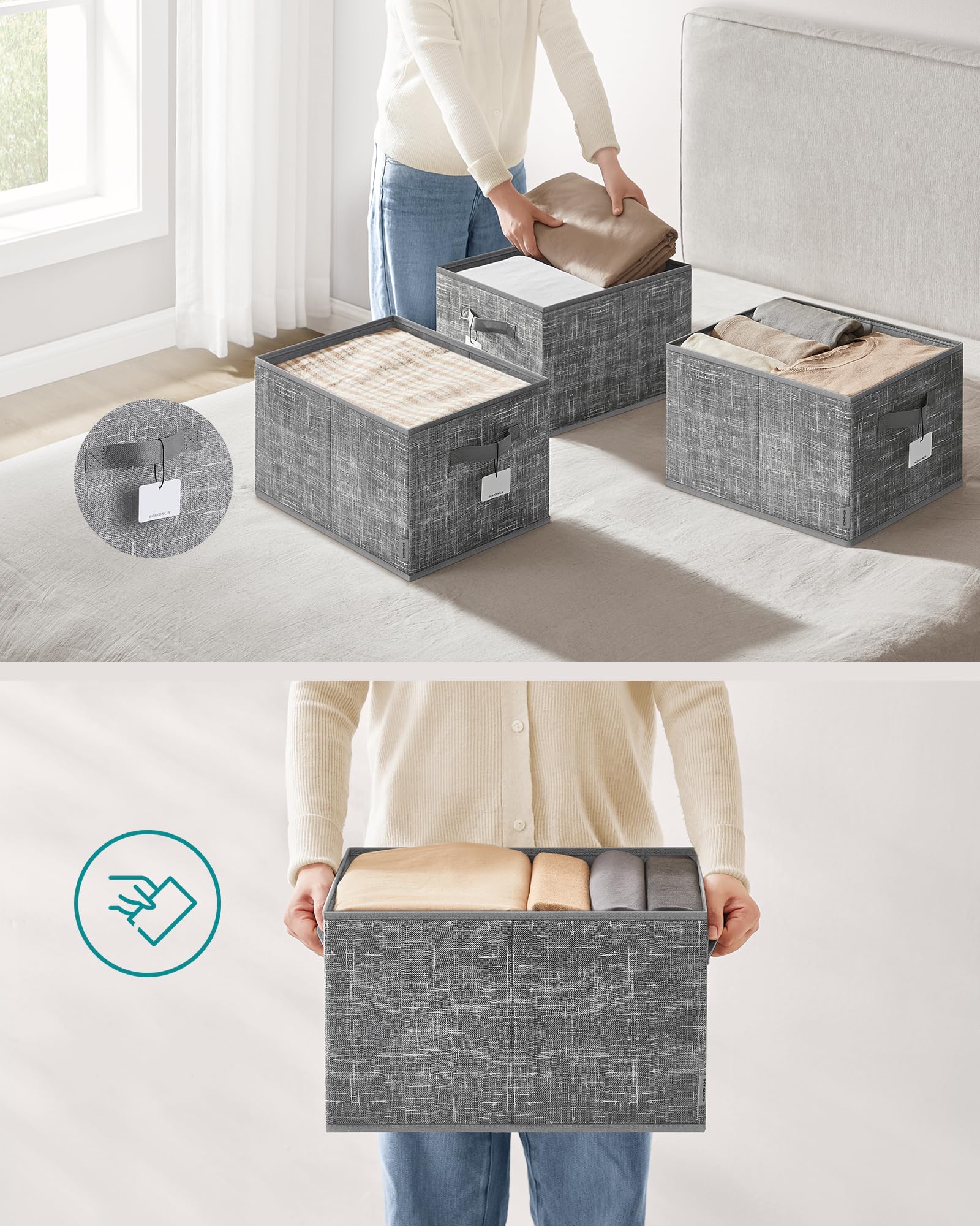 SONGMICS Opbergdoos met deksel, set van 3, opvouwbaar, stoffen dozen