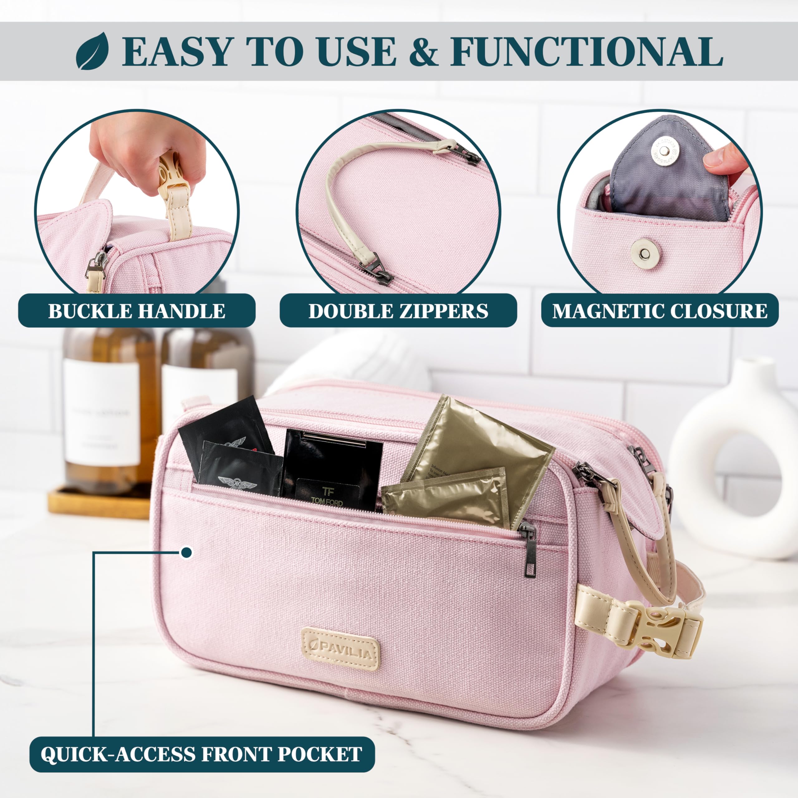 PAVILIA Trousse de toilette de voyage en toile, trousse Dopp, résistante à l'eau, organisateur de salle de bain pour voyage, salle de sport, articles de toilette de douche pour accessoires de