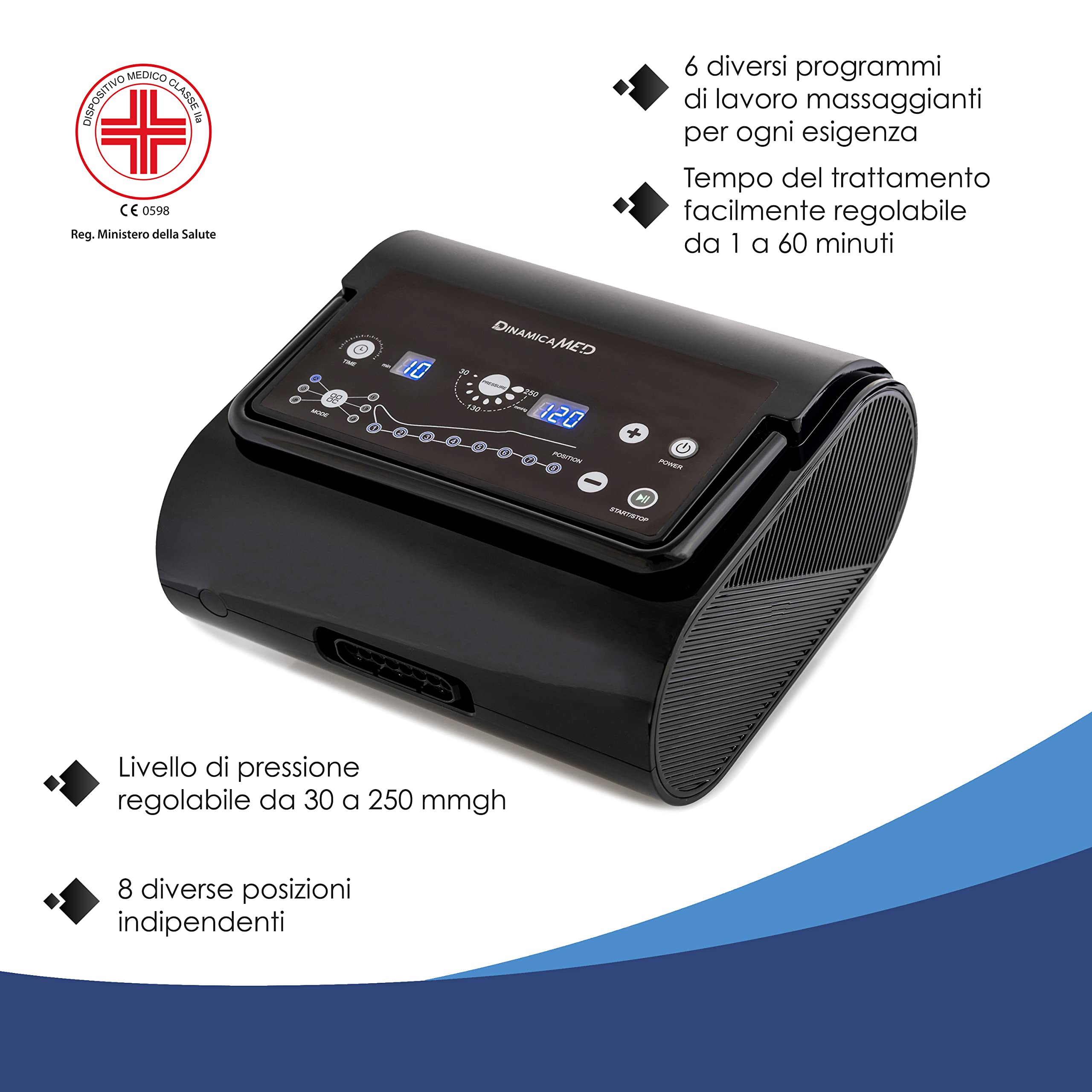 Dinamicamed ® Premium 8.0 Pressoterapia Linfodrenaggio Professionale Digitale Compact, Pressoterapia per Casa con 6 Programmi, Massaggio Linfodrenante 8 Camere Pantalone lungo e Bracciale