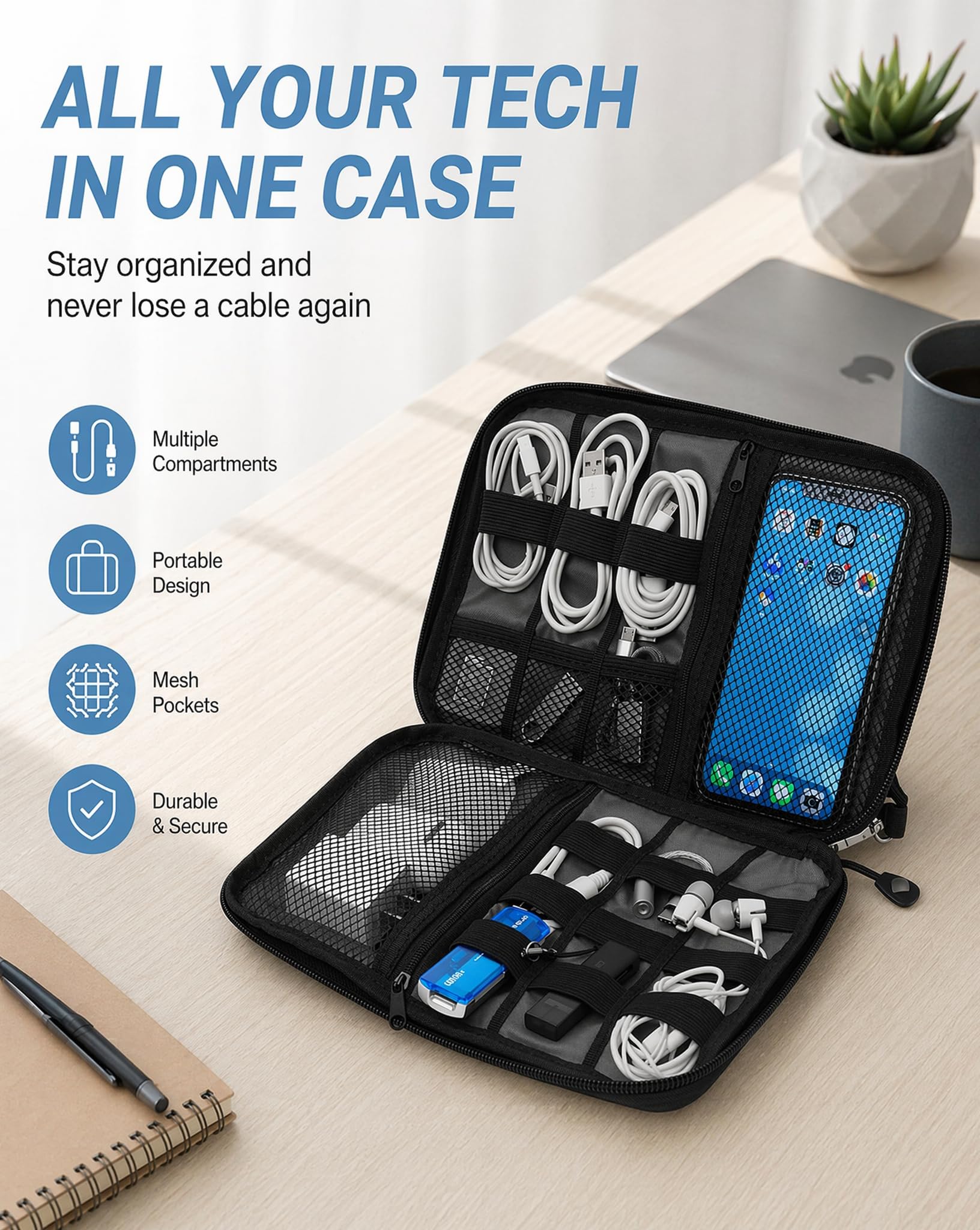 Organizador de cables de viaje, impermeable, portátil, organizador de accesorios electrónicos para cable USB, cargador de teléfono, auriculares, tarjeta SD con 5 bridas (negro)