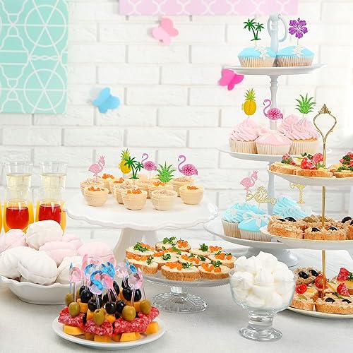 Miniatura 5 de Gyufise 32 adornos tropicales para cupcakes Aloha para cupcakes de flamenco, decoraciones hawaianas para tartas Luau hawaianas para decoración de