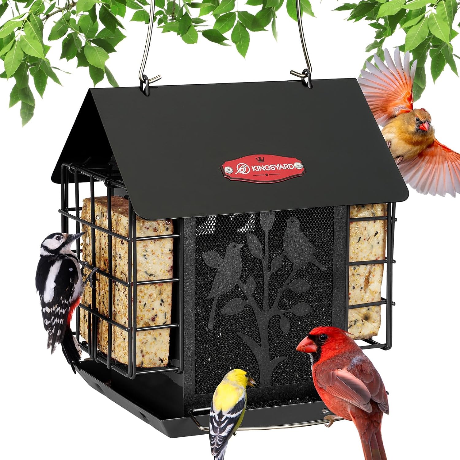 Kingsyard Metal Bird Feeder for Outdoor Hanging, Wild Bird Feeder with Double Suet Cage, Weatherproof Roof and 3 lbs Large Seed Capacity, Red