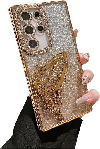 Caseative for Samsung Galaxy S24 Plus Case,Glitter Bling Sparkle Butterfly Flowing Liquid Quicksand Phone Case Gold,S24 Plus