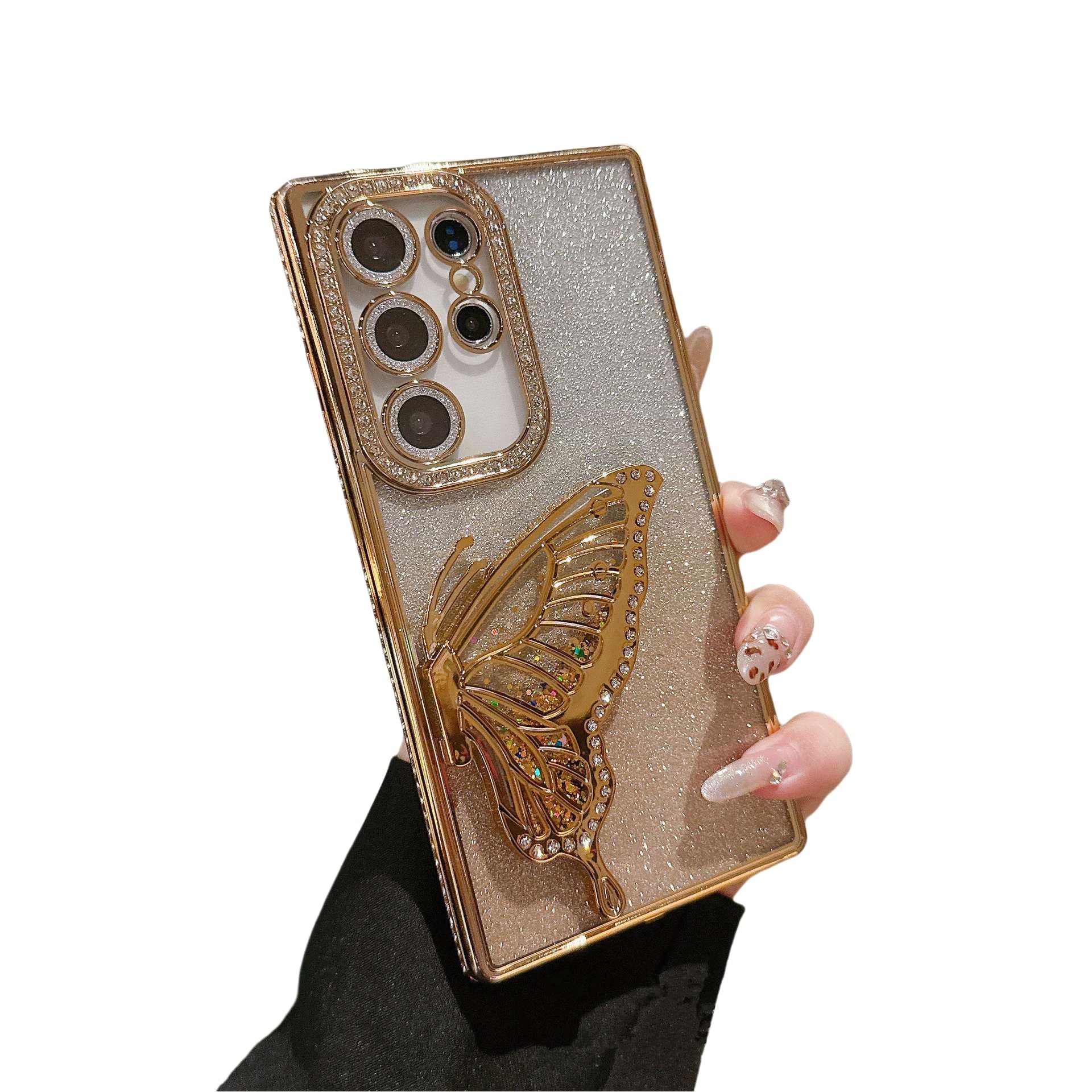 Caseative for Samsung Galaxy S22 Ultra Case,Glitter Bling Sparkle Butterfly Flowing Liquid Quicksand Phone Case (Gold,S22 Ultra)
