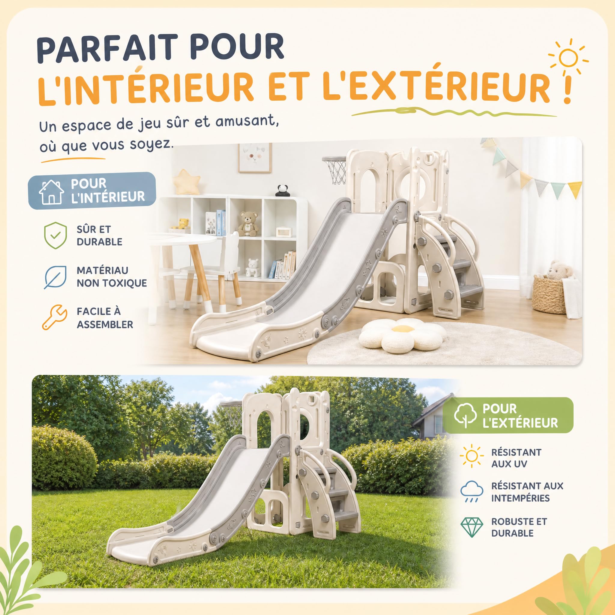 HLC Toboggan Enfants avec Glisse 140cm & Panier de Basketball, Toboggan Exterieur/Interieur Enfant, Jeu Intérieur Extérieur pour Enfants de 1-3 Ans