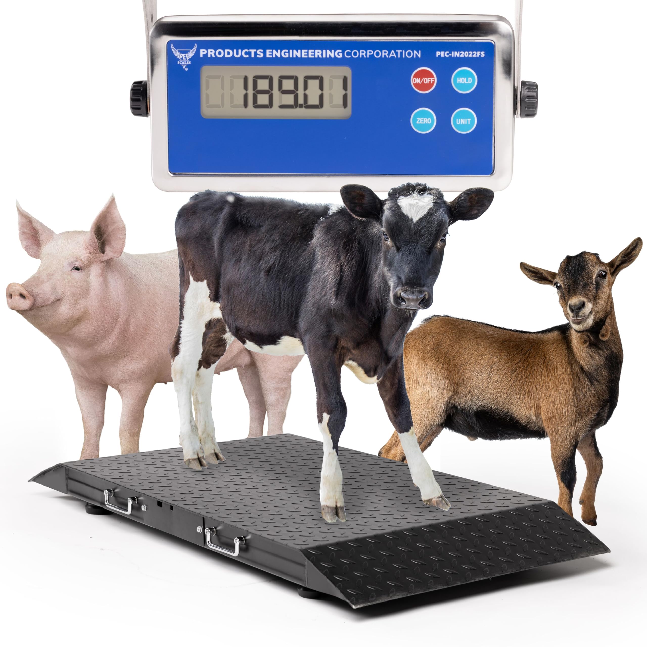 Pec Tools Heavy-Duty Digital Livestock Scale - Cattle, Pig, Sheep, and Horse Weight Scale with Animal Weighing & Peak Hold Functions, Non-Slip Surface - 2000 Lbs., 50″ x 26″