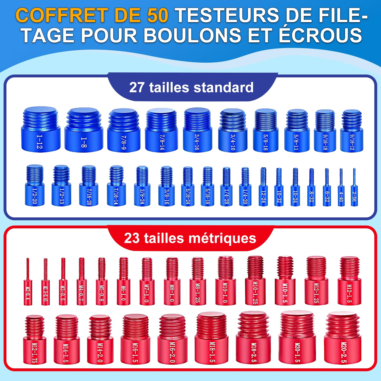 Jeu de 50 jauges de filetage - Testeur de filetage pour vis et écrous - Jauge de filetage en alliage d'aluminium avec métriques et impériaux - Convient pour la détection et la mesure des dimensions de