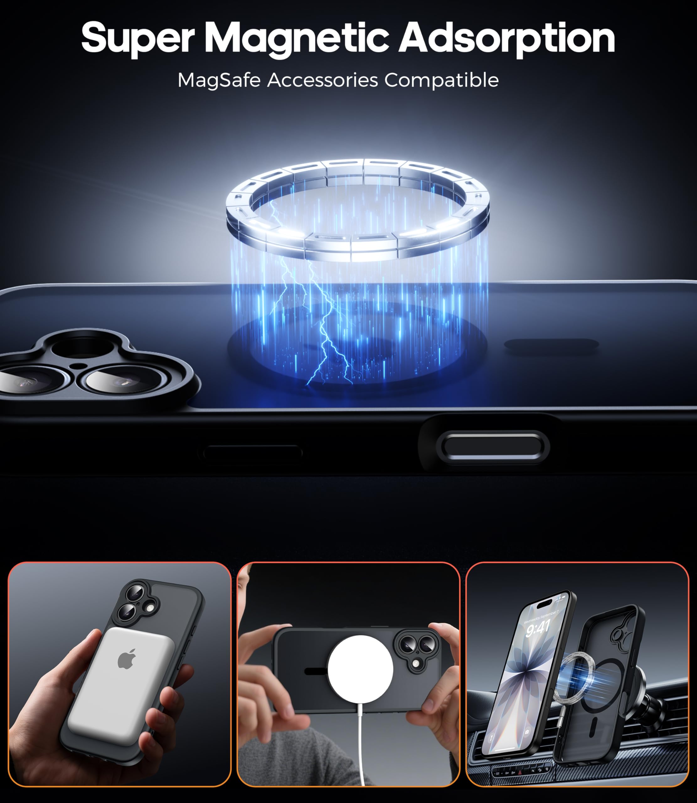 FLLAO Magnetica Cover per iPhone 17 e 2 Pellicole in Vetro Temperato, Custodia iPhone 17 Compatibile con Magsafe, Traslucida Opaca Posteriore Sottile Antiurto Protettiva Case, Nero