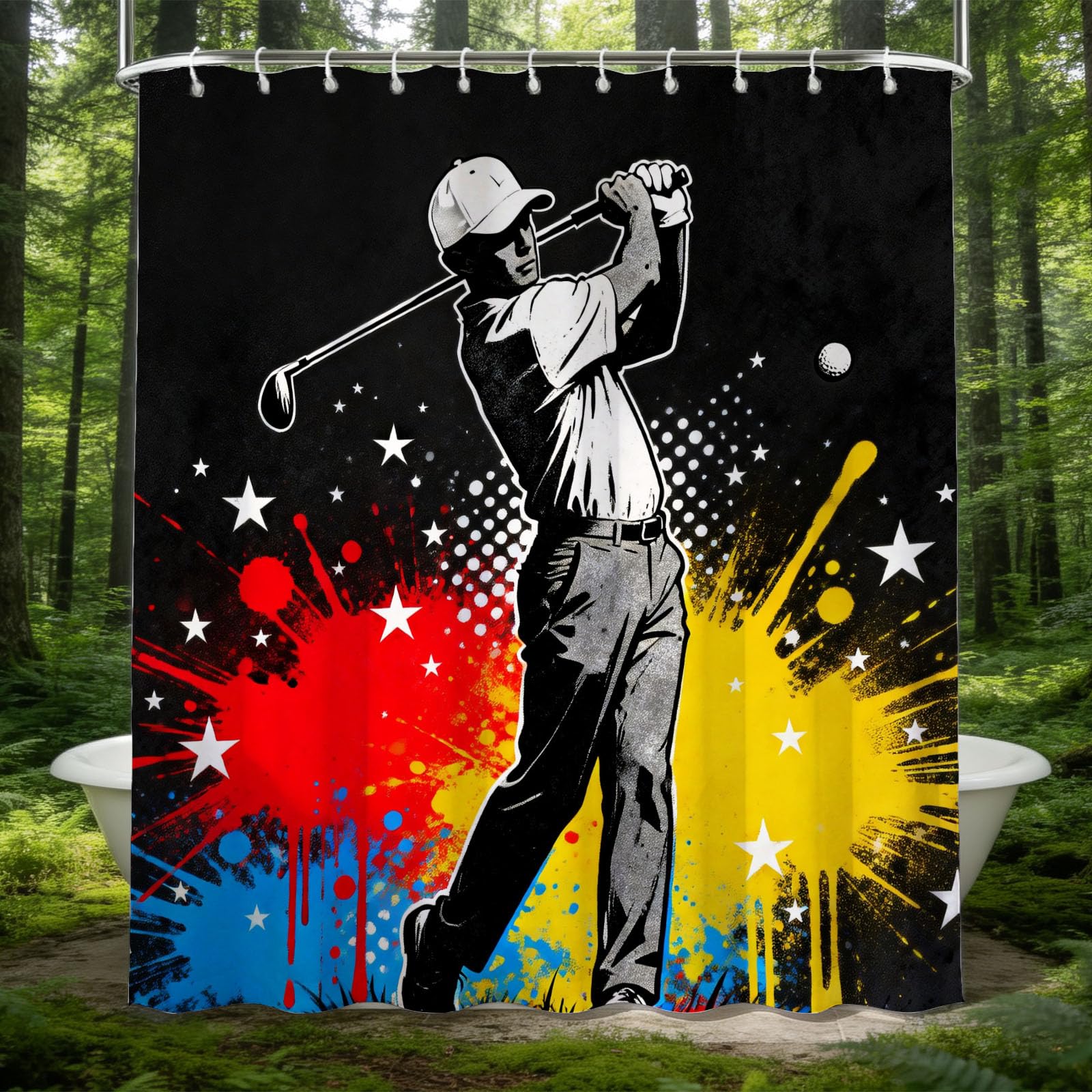 Hongduo 3D Golfer Shower Curtain for Stalls Bathtubs Sports Theme Bathroom Decor Shower Curtain Set Polyester Fabric Waterproof 180x200cm/71X79 Inch with Hooks