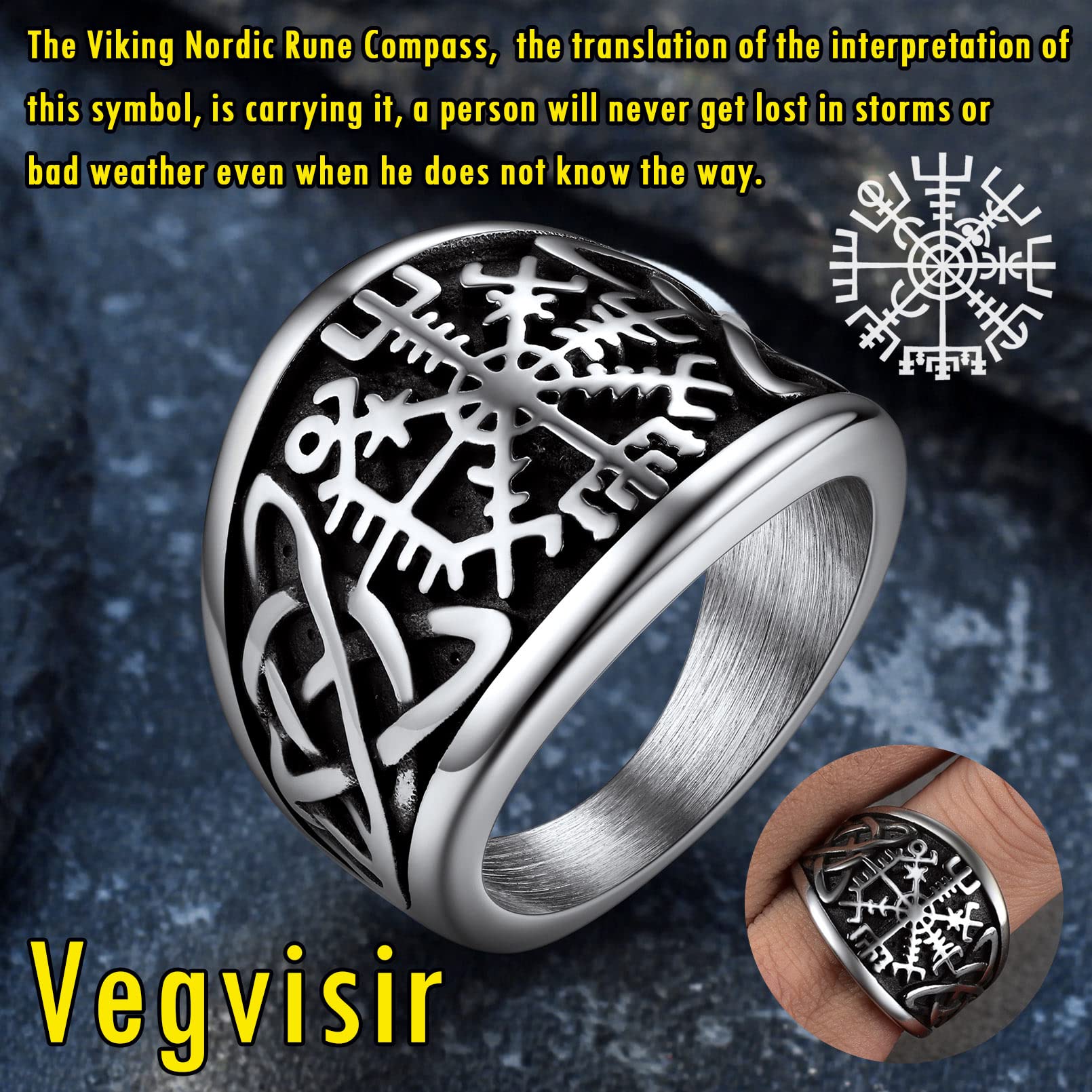 FaithHeart Anello Vichingo da Uomo Bussola Runica Vegvisir Spirito Nautico Amuleto Gioielli Nodo Trinità Celtico in Stile Nordico Anello Figo per Hiphop Punk