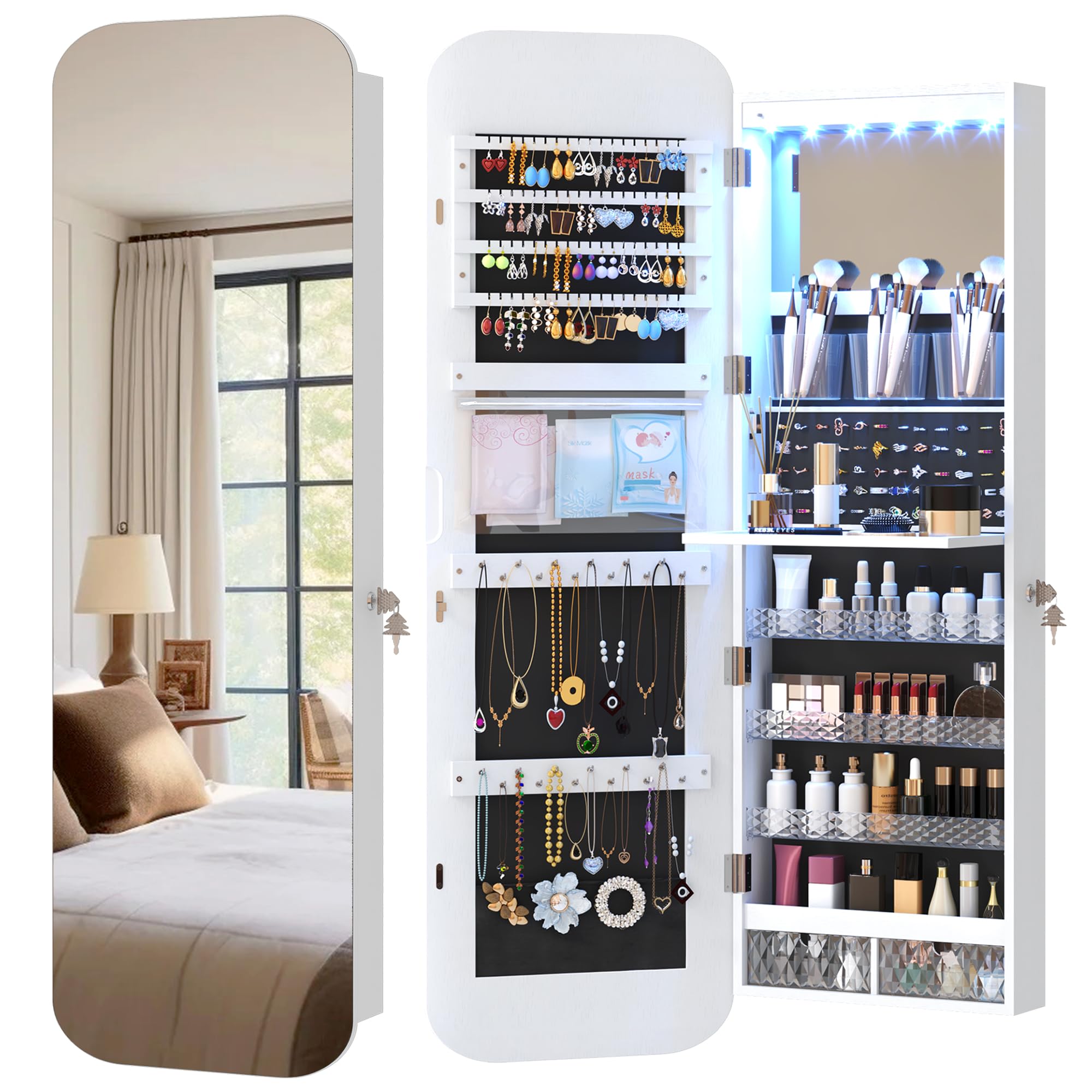 Vlsrka 47.2" LED Mirror Jewelry Cabinet Wall Mounted or Door Hanging, Rounded Corner Jewelry Armoire Organizer, Lockable Full Length Mirror with Storage, Interior Mirror & Makeup Shelf (White)