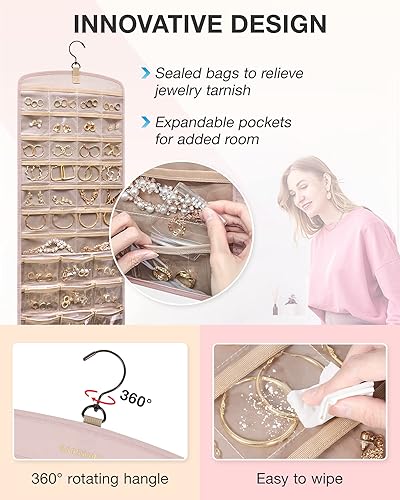 Miniatura 4 de BAGSMART Organizador Colgante de Joyas, Soporte para Collares Anti-enredo para Aretes y Anillos con 20 Bolsas de Joyería, Rollo de Almacenamiento de