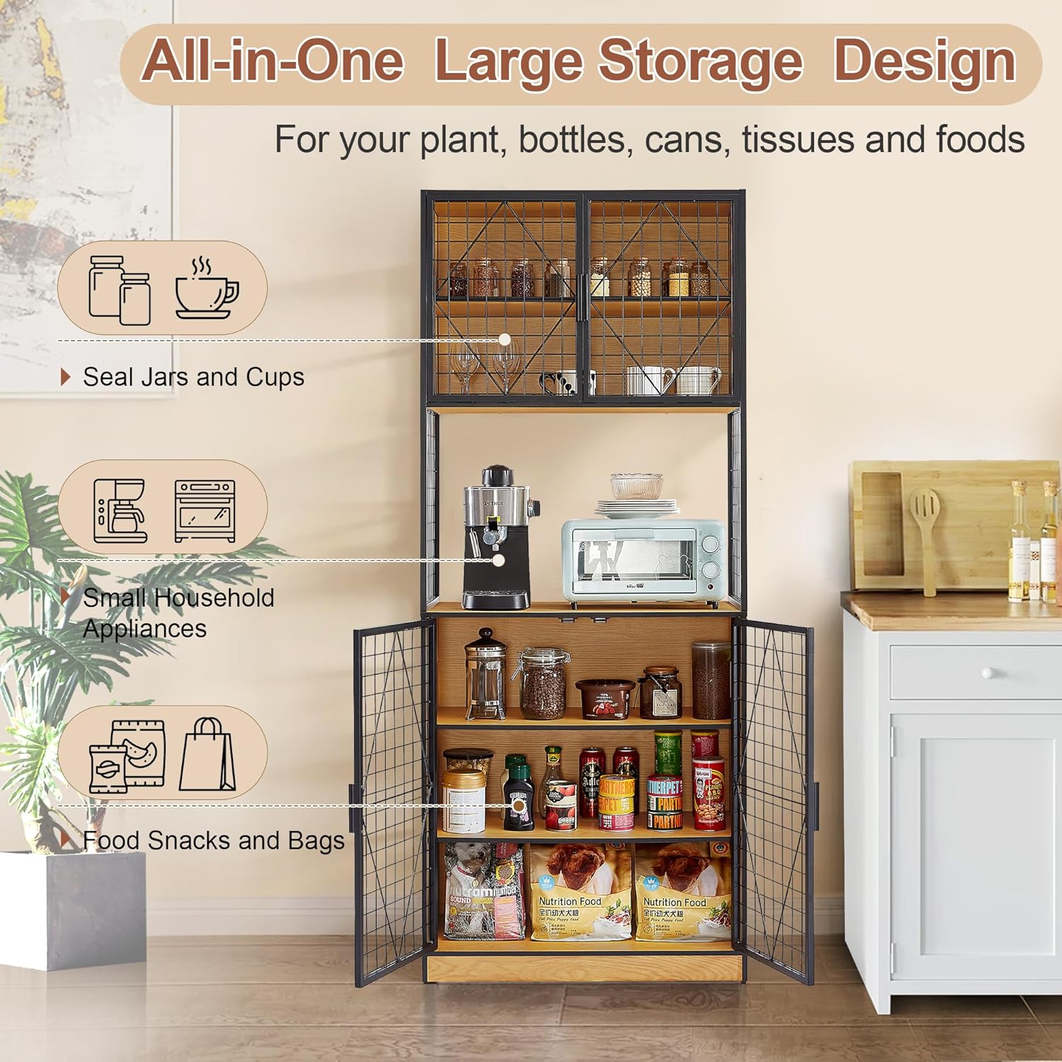 VECELO 72in Tall Kitchen Pantry Cabinet with Doors and Shelves, Large Freestanding Storage Cupboard with Countertop Hutch, Light Oak