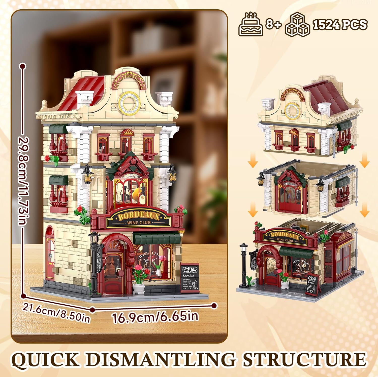 Bordeaux Wine Club Construction Building Set with LED Lights, City Town Winery Chateau House Building Kit, Vintage Collectible Model, Creative Christmas Birthday Gift for Adult Teen,1524 Pcs