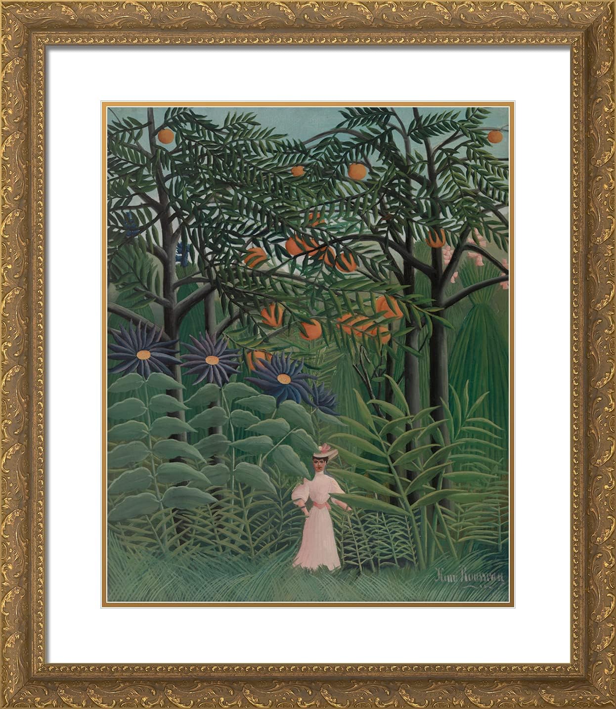 ArtDirect Rousseau, Henri 20x23 Gold Ornate Framed Art Print with Double Matting Titled: Woman Walking in an Exotic Forest