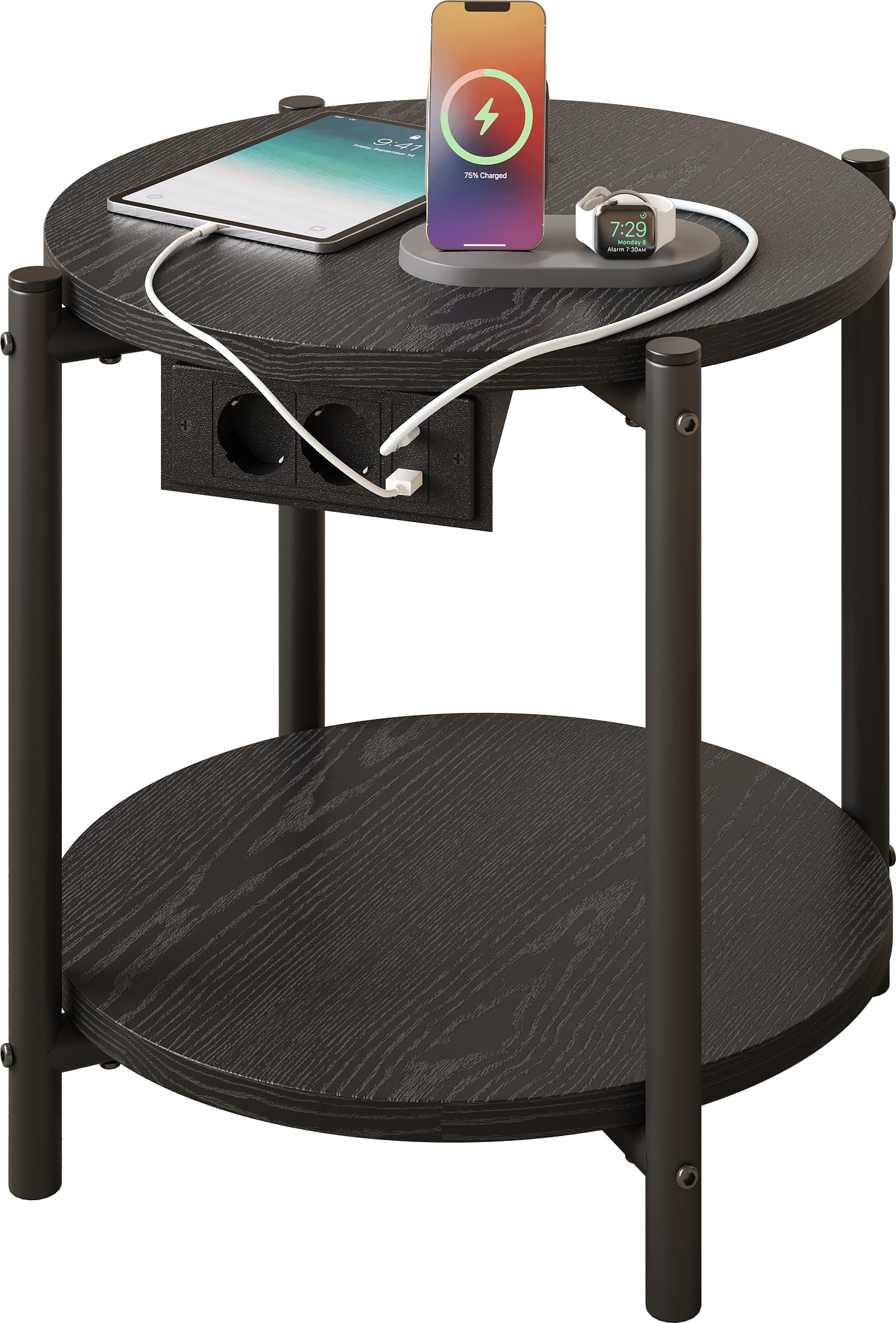 IRONCK Tavolino, Tavolino Rotondo con Multipresa, piccolo tavolino da divano, Tavolino Salotto 2 Ripiani, porta USB e tipo C, Comodino per camera da letto Balcone Patio (Nero, 1 pezzo)