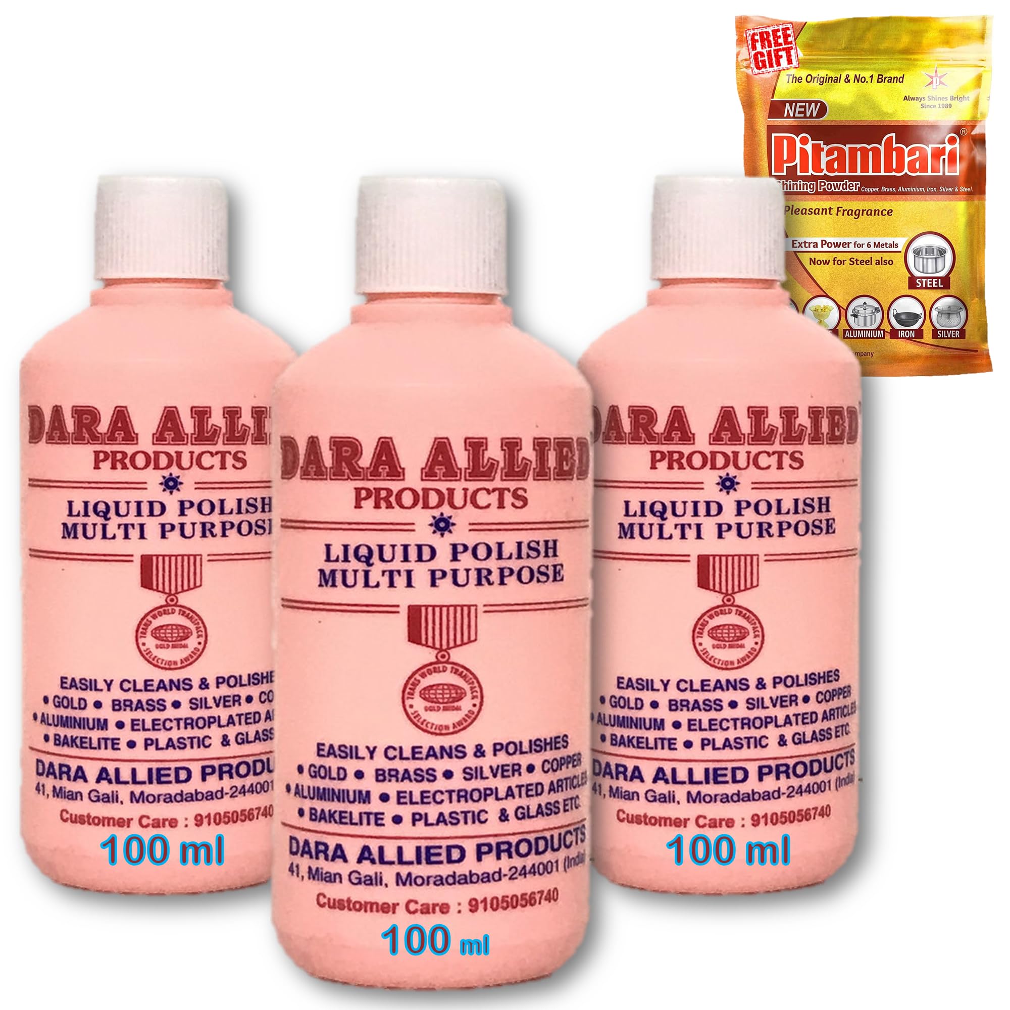 Dara allied liquid polish for brass metal shining cleaner without metal loss Metal Polish (Brass, Copper, sterling silver) Removes Tarnish,Combo of 3x 100ml with FREE pitambari powder