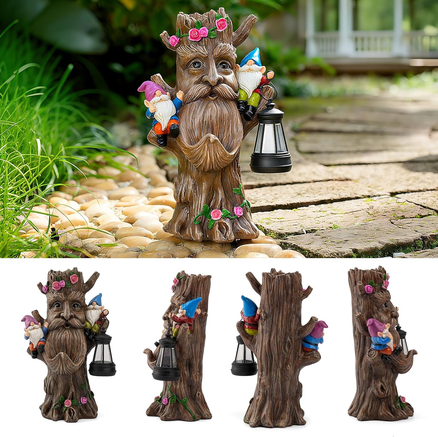 Whimsical Tree Ent Garden Statue with Gnomes – Solar Powered Outdoor Decor with LED Lantern, Funny Yard Ornament for Lawn, Patio, Porch, or Garden - Image 3
