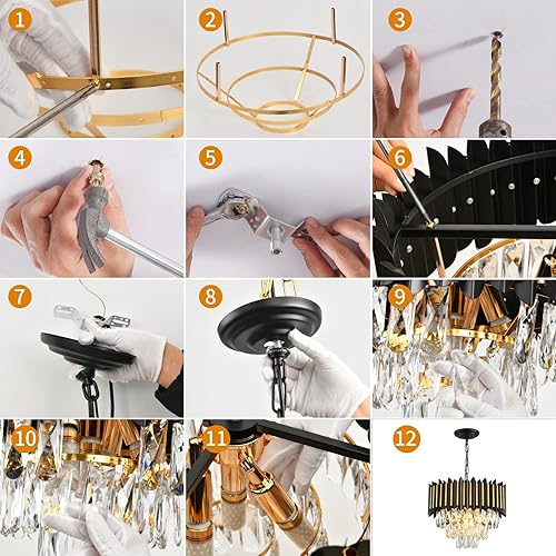 Miniatura 9 de Modern Crystal Chandeliers 3 Tiers Black and Gold Chandelier Pendant Light Fixtures Round Flush Mount Chandeliers Ceiling Lighting for Living Room