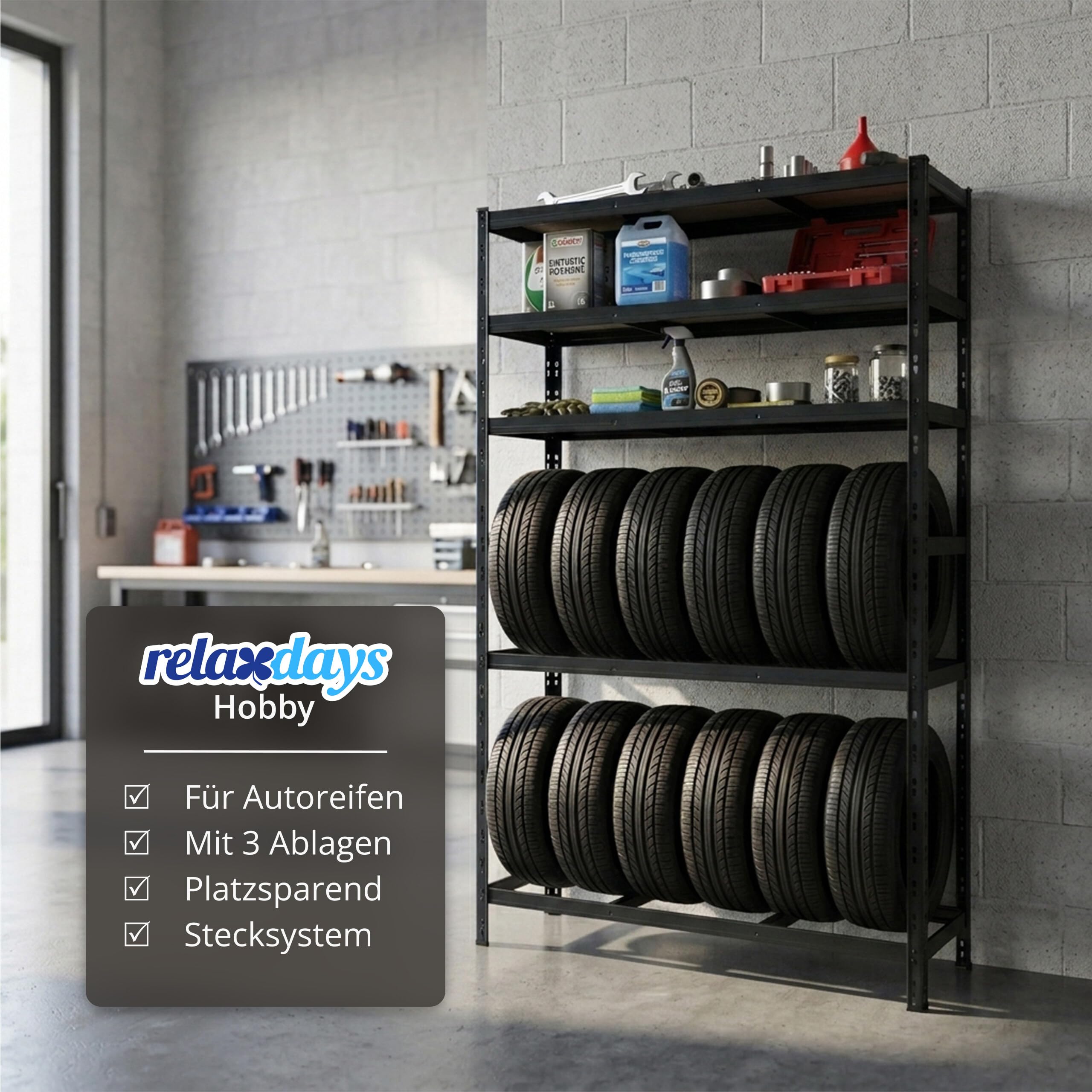 Relaxdays Reifenregal für 12 Reifen, HxBxT 210 x 120 x 40 cm, 750 kg, Stahl, Stecksystem, Reifenlager Werkstatt, schwarz