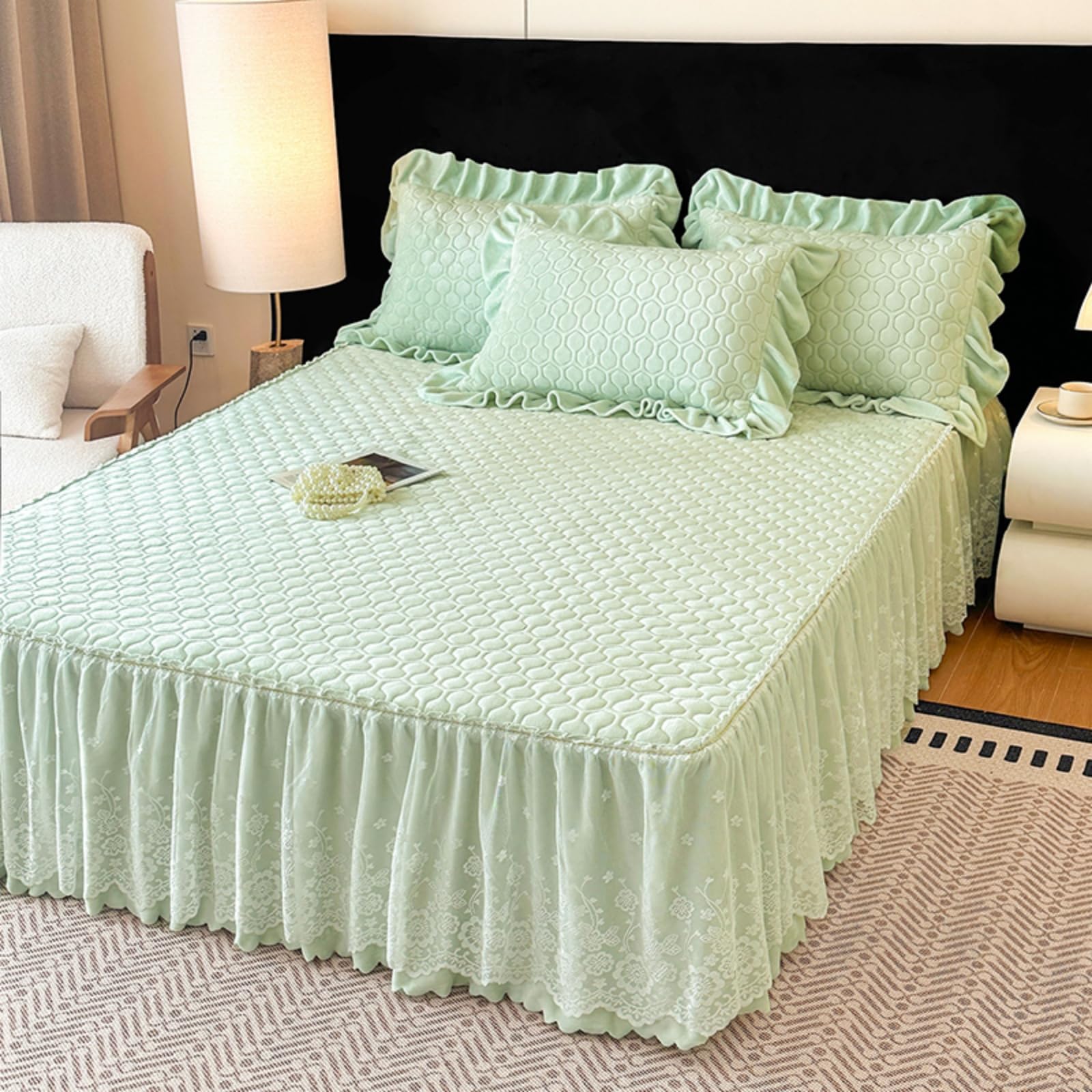 Surwin Drap Housse Doux Jupe de Lit a Volant Couleur Unie (Vert,150x200cm)