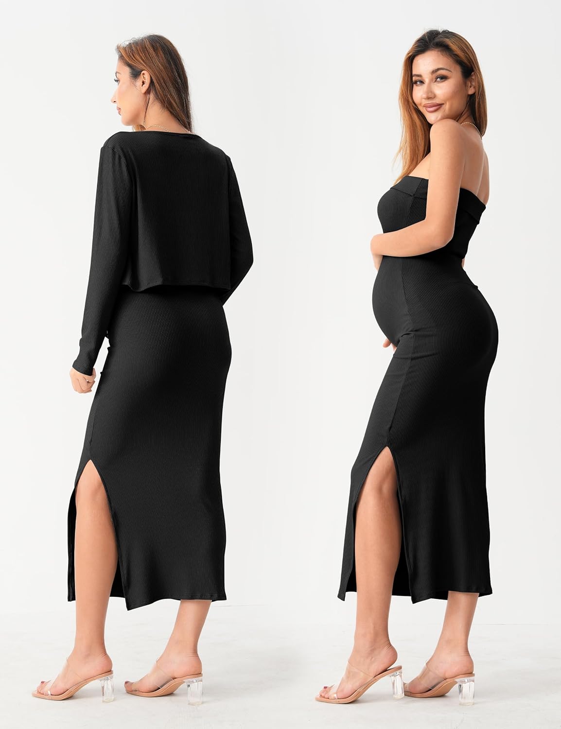 SUNNYBUY Baby Shower Maternity Tube Dress Short Cardigan Bodycon Ribbed Maxi Dress Casual 2 Piece Pregnancy Outfit Set - Image 6
