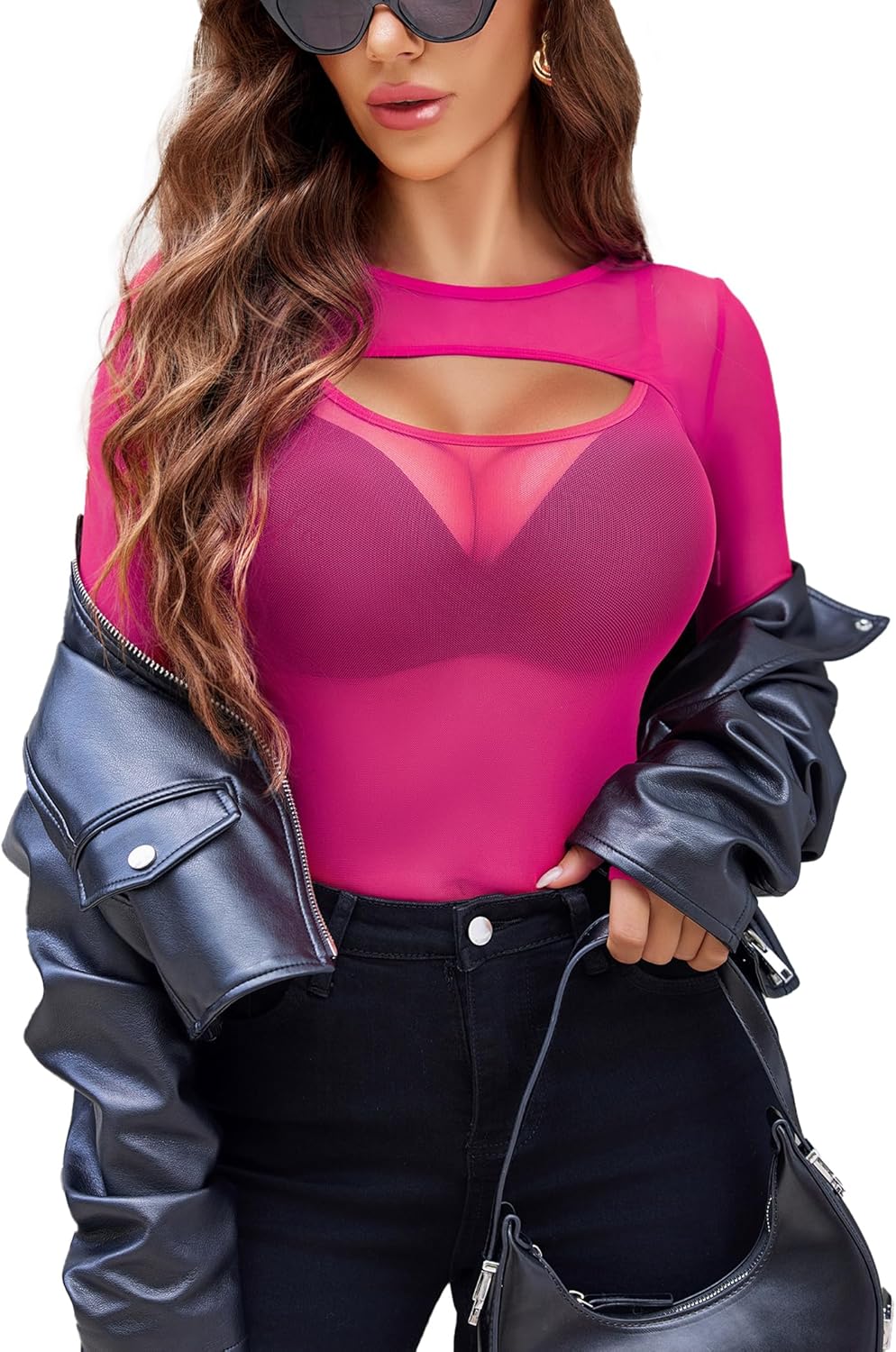 Avidlove Women Sexy Long Sleeve Mesh Top Teddy Bodysuit Clubwear Sheer Leotards with Garter Belt Small Rose Red